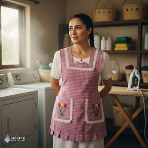 Pink Mexican Embroidered Apron – Essential Cotton Kitchen Apron Floral Design